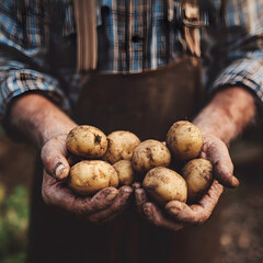 Farmer holding freshly harvested potatoes at farm