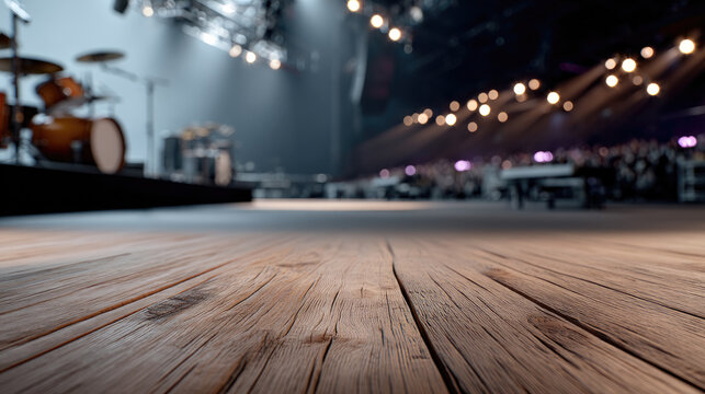 Empty wooden stage with dramatic lighting, musical instruments, and blurred audience, creating energetic concert atmosphere