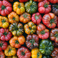 Colorful heirloom tomatoes displayed at farmers market, overhead view