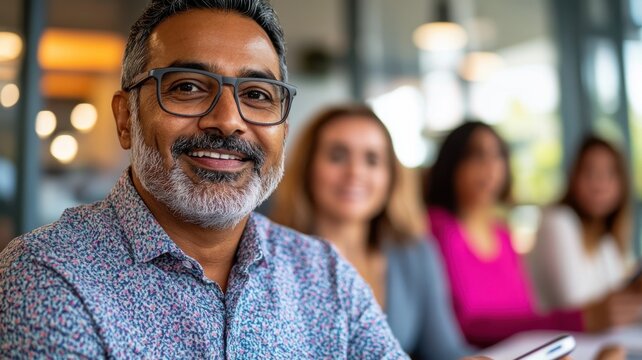 South Asian man in his 30s presenting survey feedback on a digital tablet in a bright casual meeting room. Survey research answer checklist