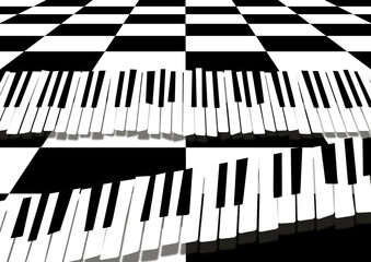 The black and white of a piano keyboard is seen on a black and white checkered background in a 3-d illustration.
