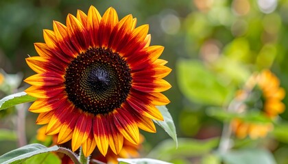 Obraz premium Vibrant red-orange sunflower in garden
