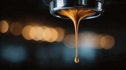 Macro shot of coffee dripping from portafilter spout, creamy espresso stream glowing under soft cafÃ© lights, shiny chrome reflections. espresso close-up, crema, barista art, coffee