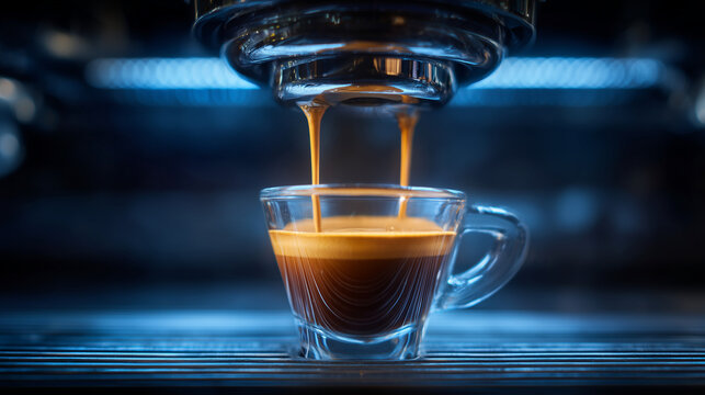 High-tech espresso machine brewing coffee, perfect crema captured mid-shot, barista focus, professional coffee equipment. coffee technology, espresso machine, crema perfection, cof
