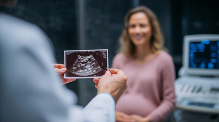 Doctor in white coat showing ultrasound printout to expectant mother, healthcare facility with diagnostic equipment. pregnancy ultrasound, medical evaluation, prenatal consultation