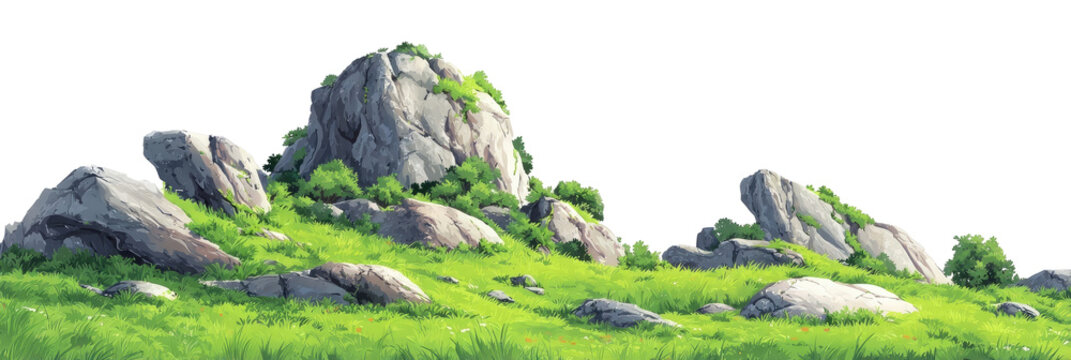 Lush green meadow with large gray rocks
