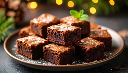 Delicious homemade chocolate brownies with powdered sugar for christmas time