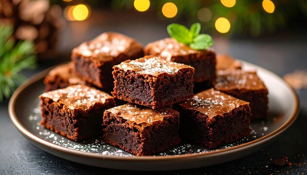 Delicious homemade chocolate brownies with powdered sugar for christmas time - Powered by Adobe