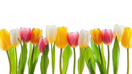 Row of colorful tulips with green leaves on black flowers isolated on a transparent background