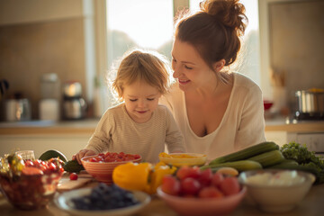 Mother and Child Cooking Tgether at Home