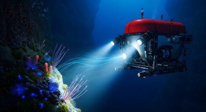 An autonomous submersible AI robot exploring a deep ocean trench, discovering and analyzing bioluminescent lifeforms
