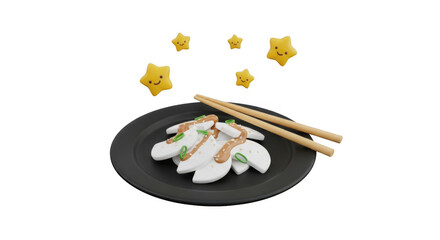 Delicious sushi dish with chopsticks on a black plate ready to eat.