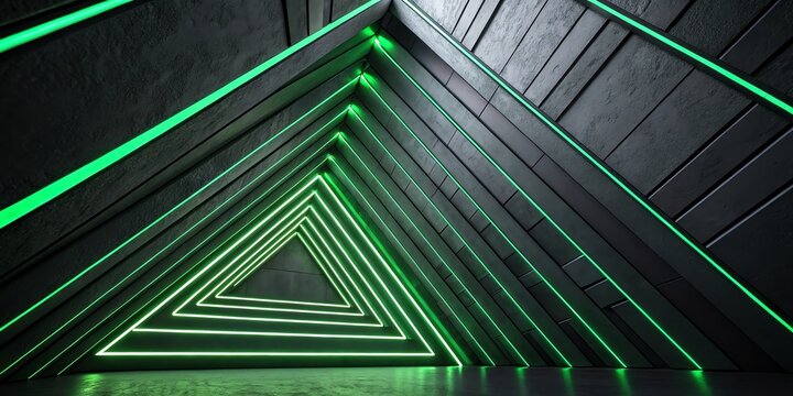 Abstract futuristic triangle tunnel with green neon lights deep perspective perspective of geometric shapes