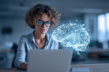 Artificial intelligence brain hologram and businesswoman on computer