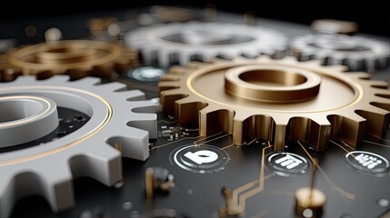 Close-up of gears and digital marketing icons on a circuit board, showcasing glowing connections against a dark background