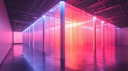 An art installation features vertical colorful neon lights creating a visually stunning display within a modern architectural space reflecting on the glossy floor.