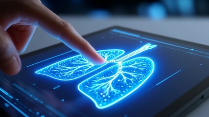 Medical lung AI diagnosis tablet touch screen neon digital health radiology xray calm insight guides care respiration anatomy touchscreen interface - Powered by Adobe