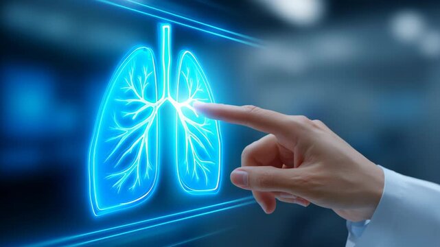 Lung medical AI diagnosis on digital screen healthcare analysis with luminous lung hologram, doctor hand guiding futuristic interface and calm care - Powered by Adobe