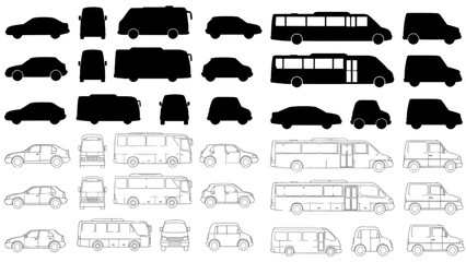 CAD Vehicle Drawings | Car, Bus, Minibus Silhouettes and Outlines | Top and Side View Vector Set