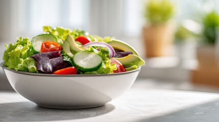 Vibrant Salad Bowl: A fresh and colorful salad bowl featuring a medley of crisp lettuce, juicy tomatoes, creamy avocado, and refreshing cucumber.  A culinary artwork.