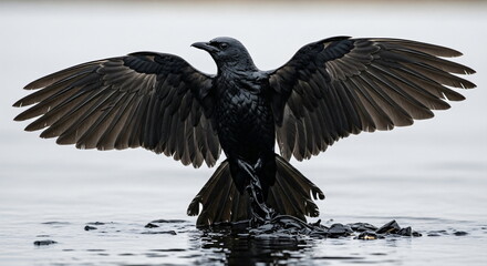 Obraz premium Crow. A bird covered in oil on a polluted beach with an oil slick. Environmental disaster due to oil spill and ocean contamination footage.