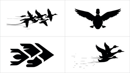 Four different silhouettes of ducks flying in various formations isolated on white background