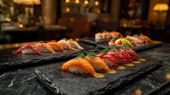 Elegant Assorted Sushi and Nigiri Platters in Fine Dining Restaurant Setting