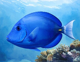Vibrant blue fish swimming in coral reef