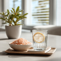 Glass of water with lemon slice bowl of pink salt wooden tray sunlight indoor fresh healthy morning