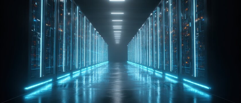 Digital Corridor: A futuristic server room bathed in blue neon light, with rows of gleaming servers stretching into the distance, symbolizing connectivity and data processing. - Powered by Adobe