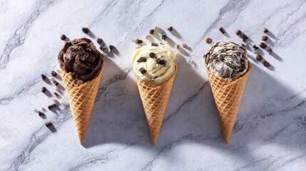 Obraz premium Three ice cream cones on a marble surface, showcasing delicious flavors in an overhead view.