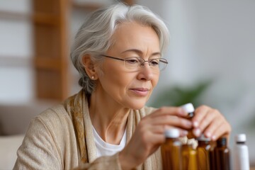 Mature caucasian female examining medication bottles at home