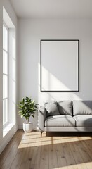 Minimalist Living Room Interior with Blank Frame, Gray Sofa, and Potted Plant