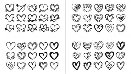 Collection of hand drawn hearts isolated on white background, perfect for valentines day designs