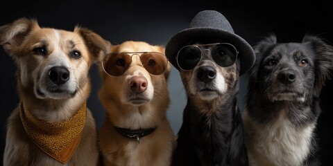 Four stylish dogs in sunglasses and hat posing against dark background