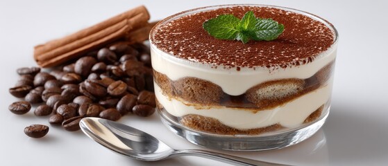 Layers of creamy tiramisu showcase a rich dessert experience, topped with coffee beans and a spoon, set against a clean white backdrop