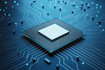 Close up view of a modern central processing unit chip on a glowing blue circuit board with intricate pathways and connections