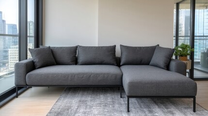 Empty modern grey L-shaped sectional sofa in a contemporary apartment with large windows overlooking a river,