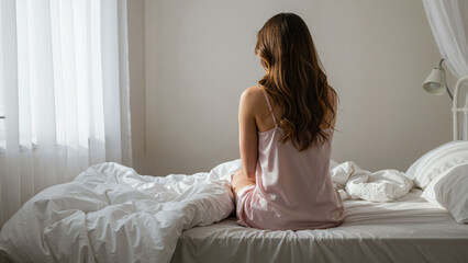 Young woman sitting on bed in pastel nightdress, loneliness and relationship strain in minimalist bedroom