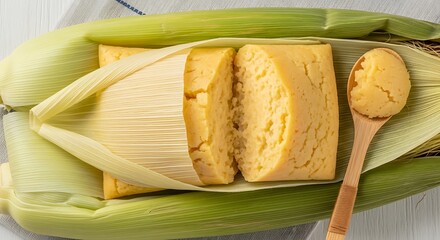Close up of cornbread in corn husks with a wooden spoon on a white cloth background and good lighting