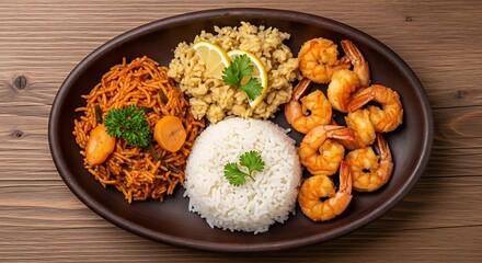 Overhead view of a plate with rice, shrimp, and other dishes on a wooden surface background