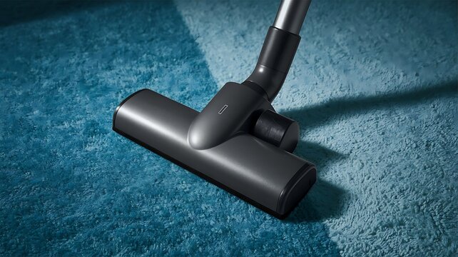 Close up of a vacuum cleaner head cleaning a plush turquoise carpet revealing a clean path against a slightly dirtier area