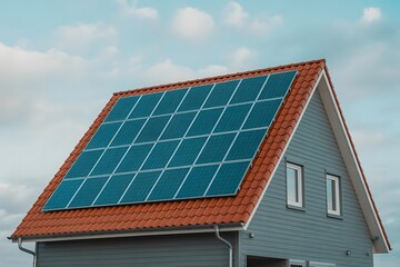 Modern residential home rooftop adorned with a grid of dark blue solar panels under a cloudy sky