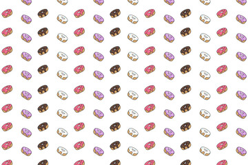 Seamless colorful donut pattern with pink, chocolate, vanilla, and purple glaze. Cute sweet dessert design, perfect for kids projects, wallpapers, packaging, textiles, and bakery-themed backgrounds