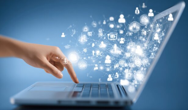 Woman using laptop with digital data flow.