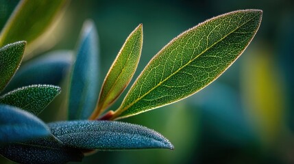 Vibrant green leaves with visible veins glisten with tiny water droplets,