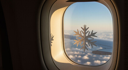 Airplane window view with paper snowflake, festive holiday travel atmosphere