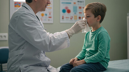 Obraz premium Doctor assisting child with cold symptoms in pediatric clinic, healthcare and wellness