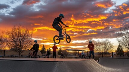 Naklejka premium BMX Rider Soars Through Vibrant Sunset at Urban Skatepark