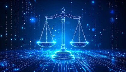 Digital justice concept with scale and binary code background technology
